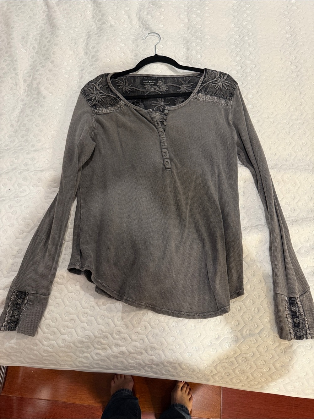 Lucky Brand Gray Embroidered Shoulder Henley Long Sleeve Top